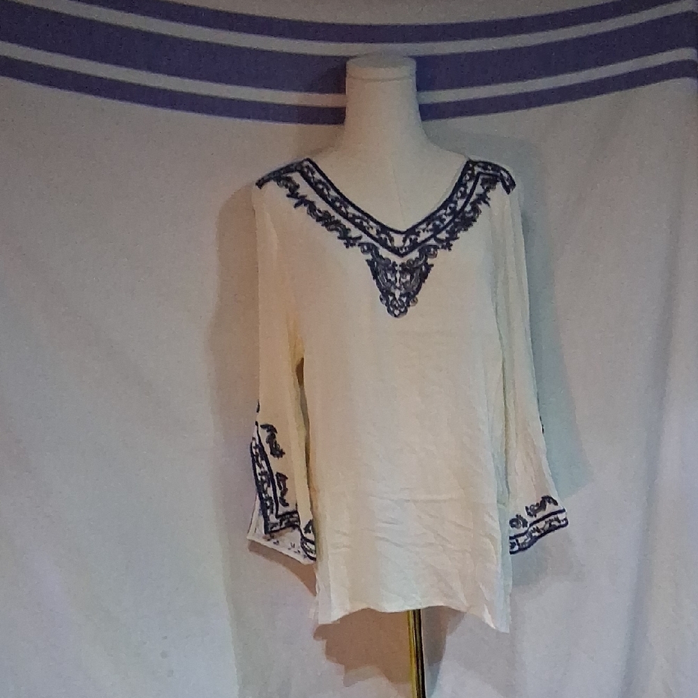 Cream and Blue Embroidered Blouse with V-Neck
